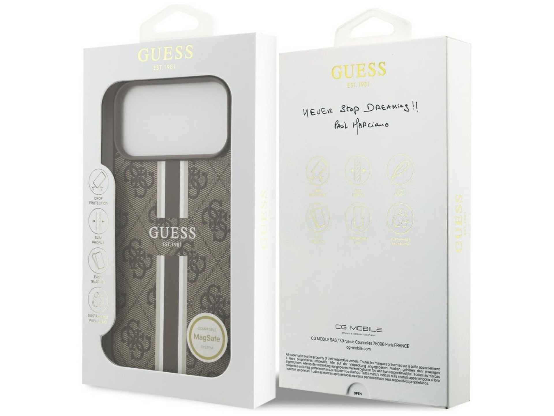 Funda Guess 4G con estampado de rayas y MagSafe para iPhone 17 Pro Max - marrón