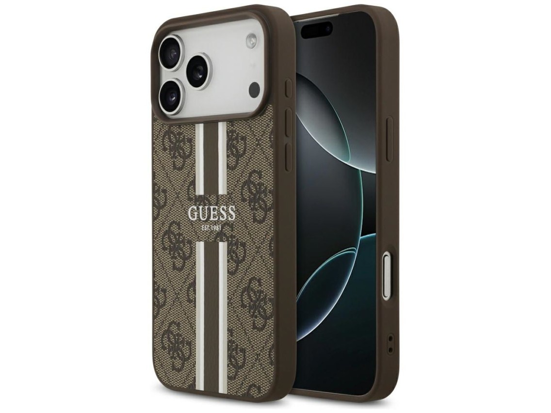 Funda Guess 4G con estampado de rayas y MagSafe para iPhone 17 Pro Max - marrón