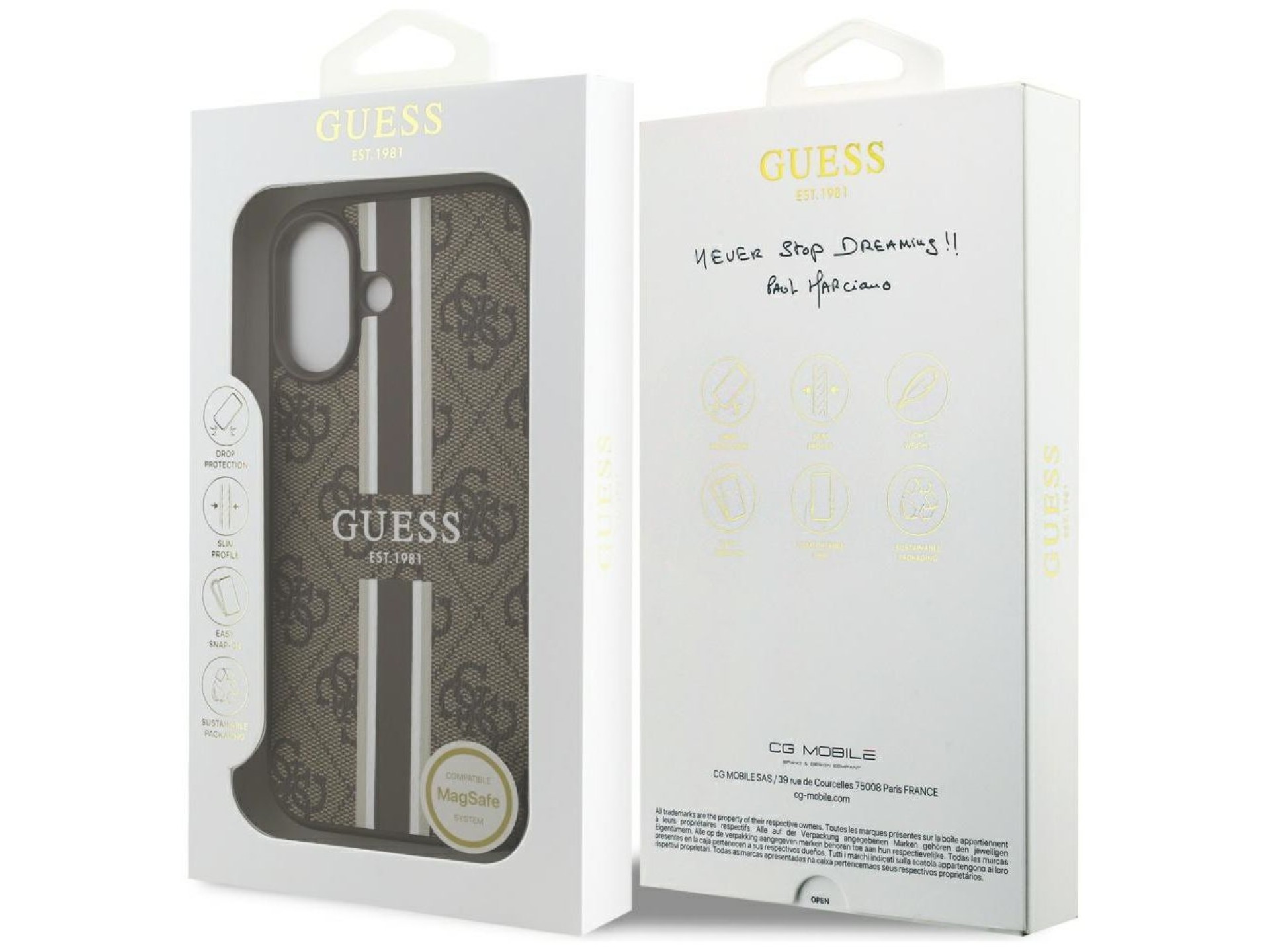 Funda Guess 4G con estampado de rayas y MagSafe para iPhone 17 - marrón