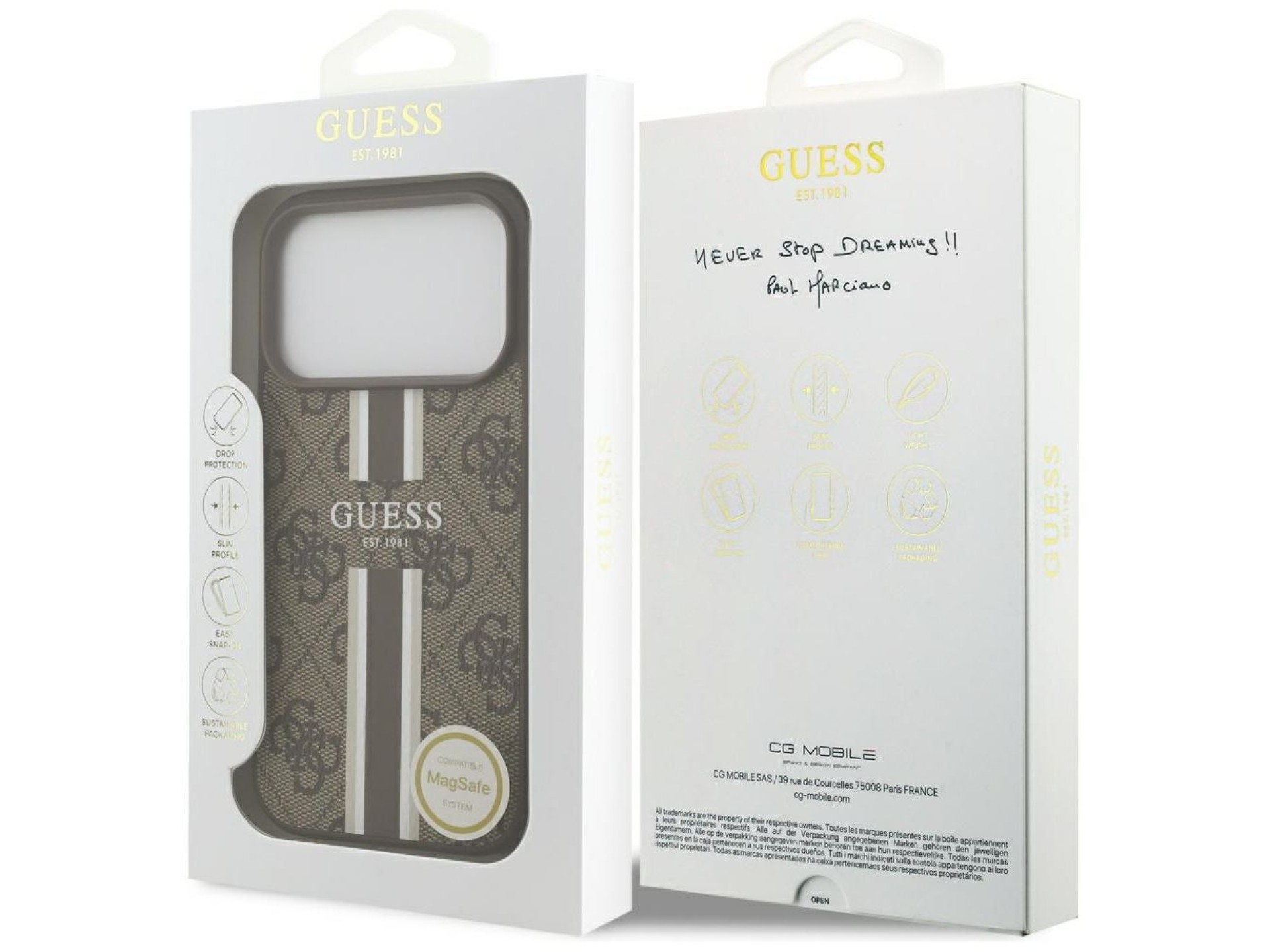 Funda Guess 4G con estampado de rayas y MagSafe para iPhone 17 Pro - marrón