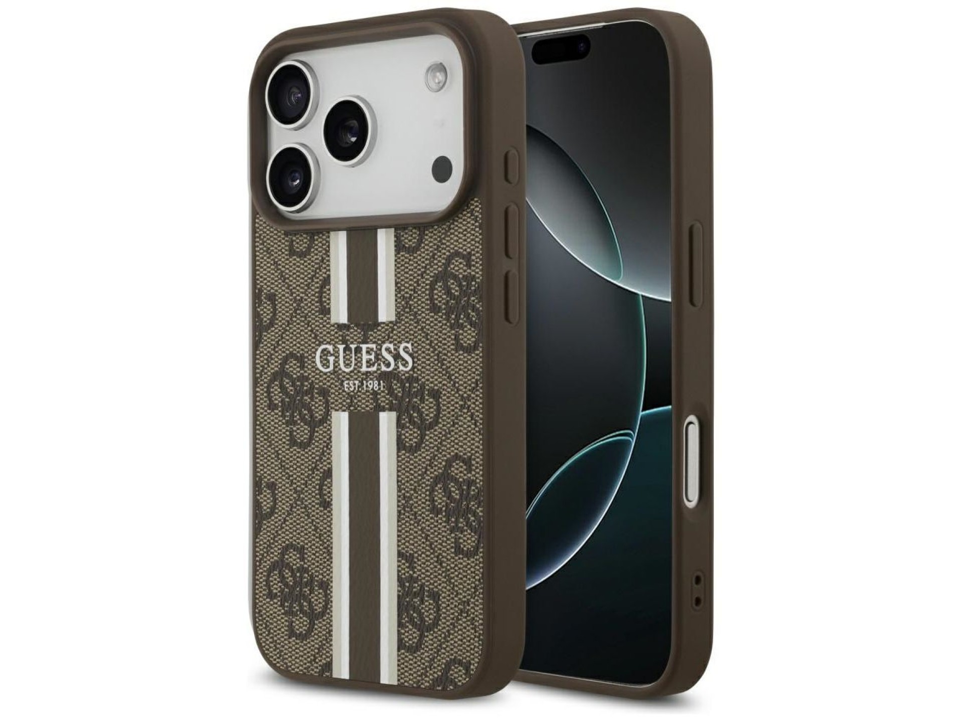 Funda Guess 4G con estampado de rayas y MagSafe para iPhone 17 Pro - marrón