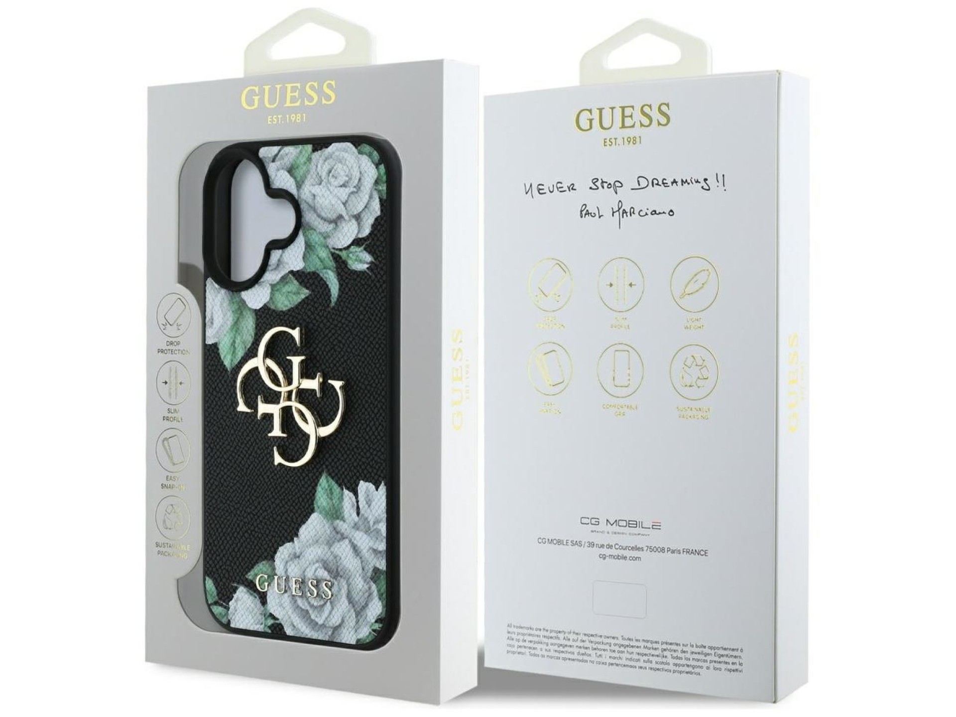 Capa Guess Grained Roses com logo Big 4G para iPhone 16 - preta