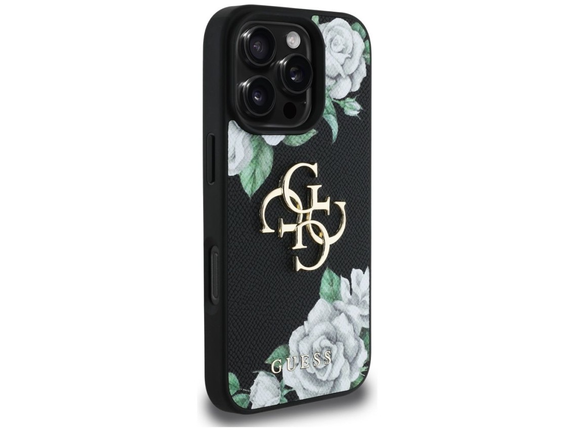 Capa Guess Grained Roses com logo Big 4G para iPhone 16 Pro Max - preta