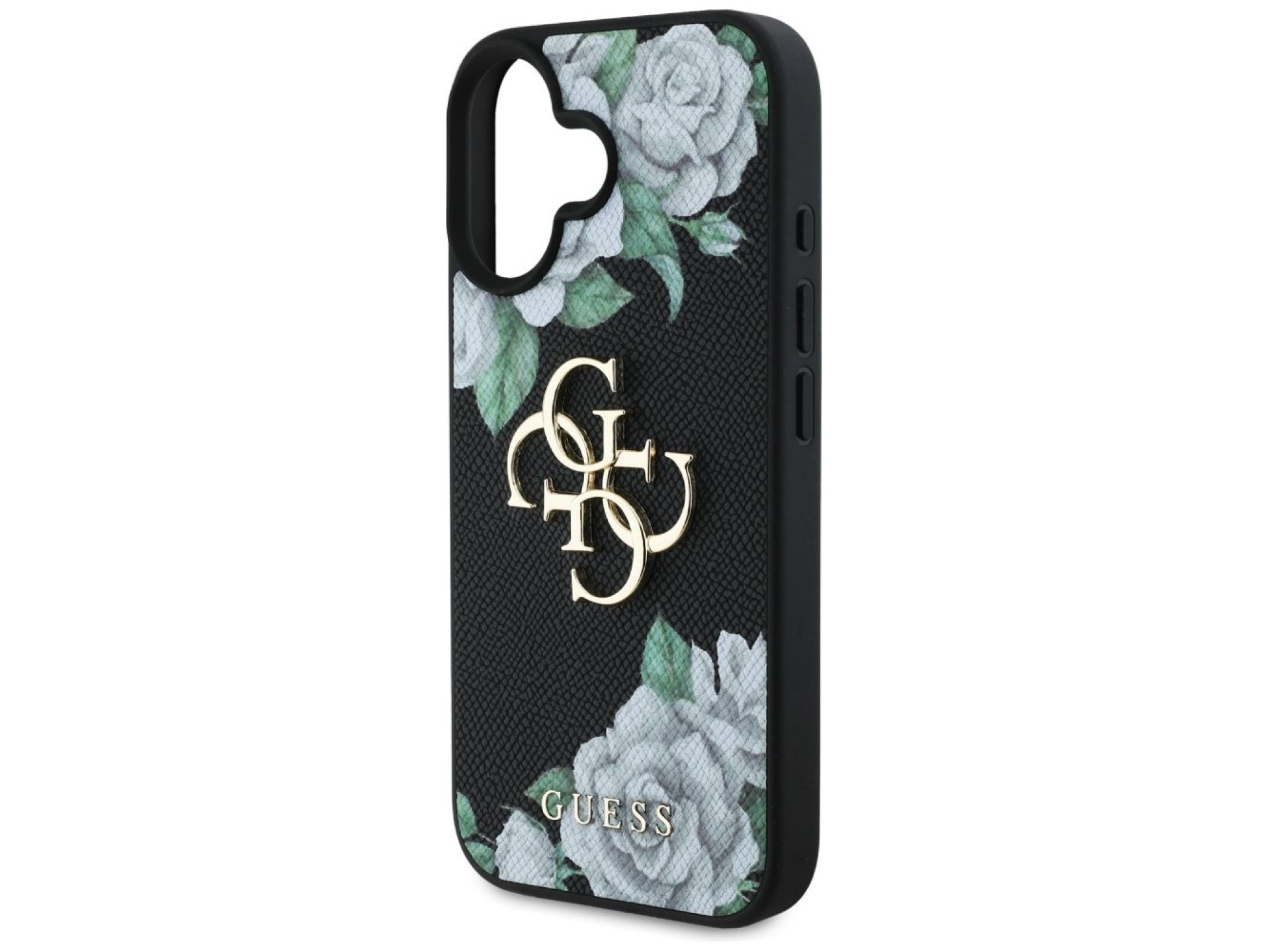 Capa Guess Grained Roses com logo Big 4G para iPhone 16 - preta