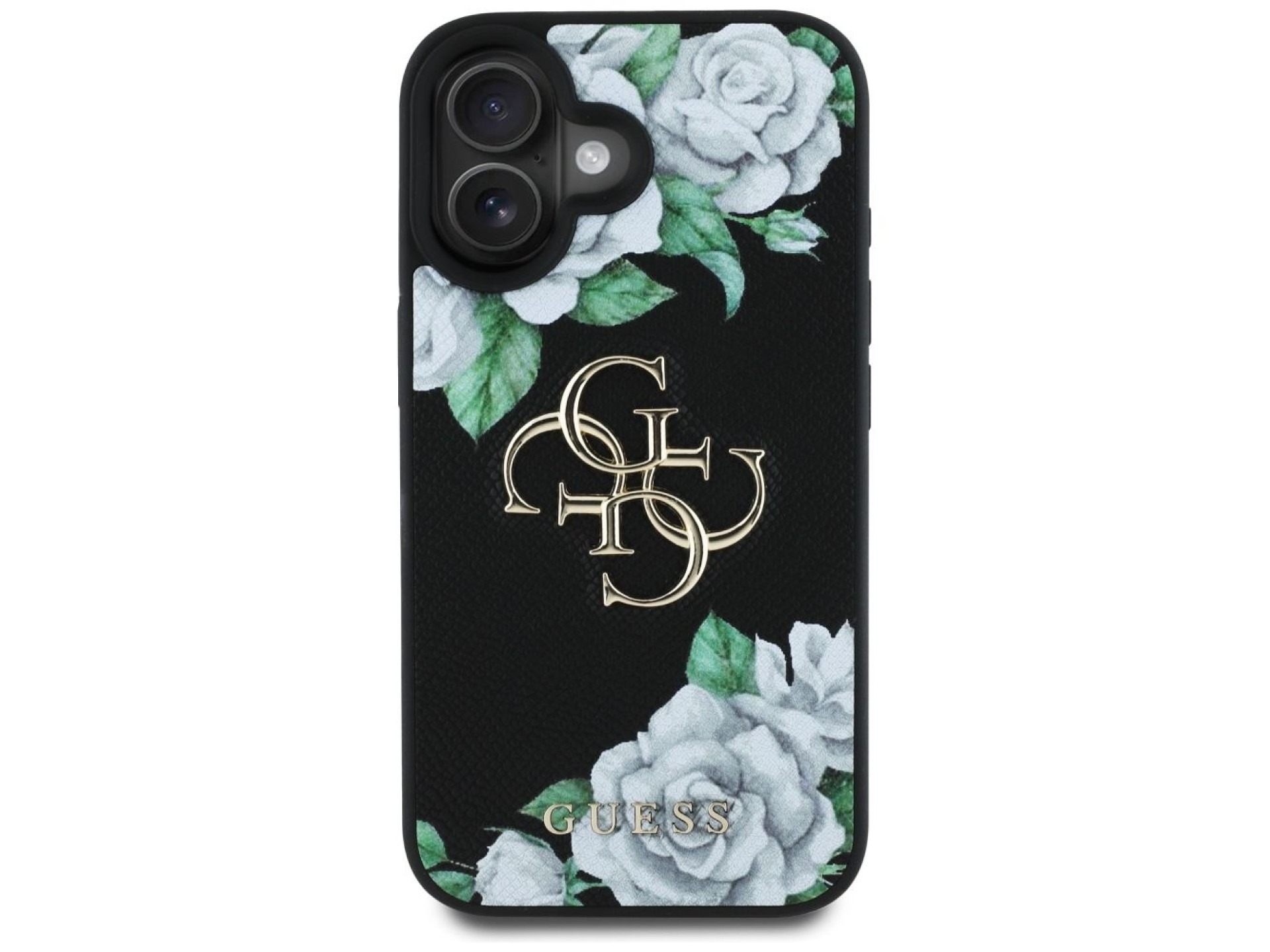 Capa Guess Grained Roses com logo Big 4G para iPhone 16 - preta