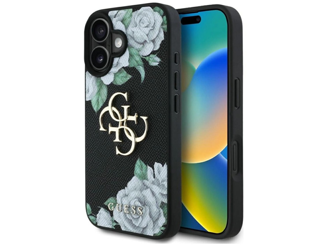 Capa Guess Grained Roses com logo Big 4G para iPhone 16 - preta
