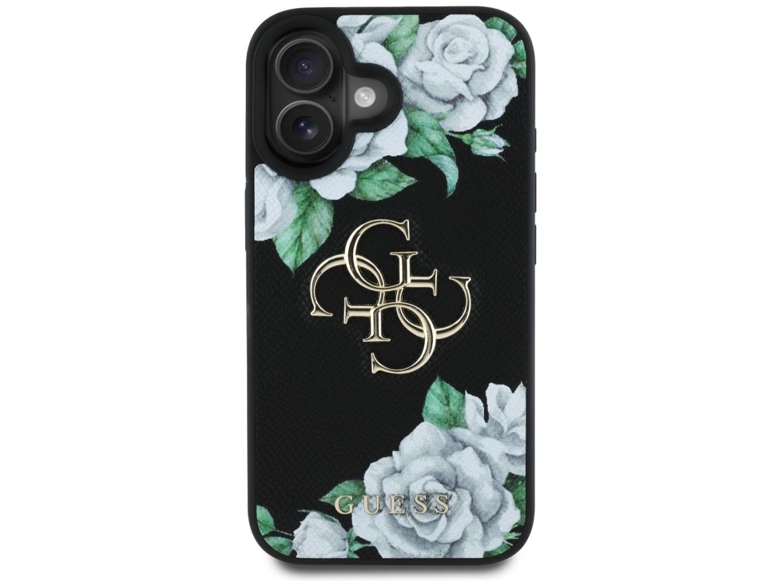 Capa Guess Grained Roses com logo Big 4G para iPhone 16 - preta