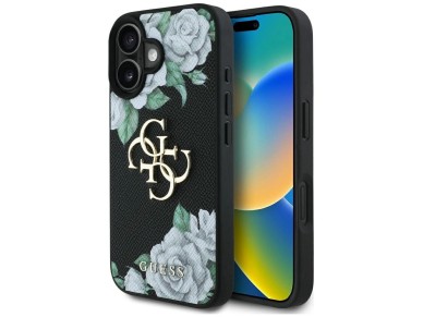 Guess Grained Roses Big 4G logo case for iPhone 16 - black Guess Grained Roses Big 4G logo case for iPhone 16 - black