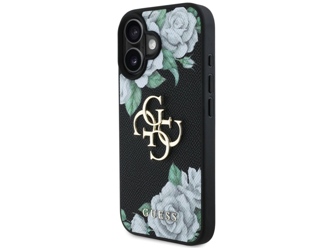 Capa Guess Grained Roses com logo Big 4G para iPhone 16 - preta