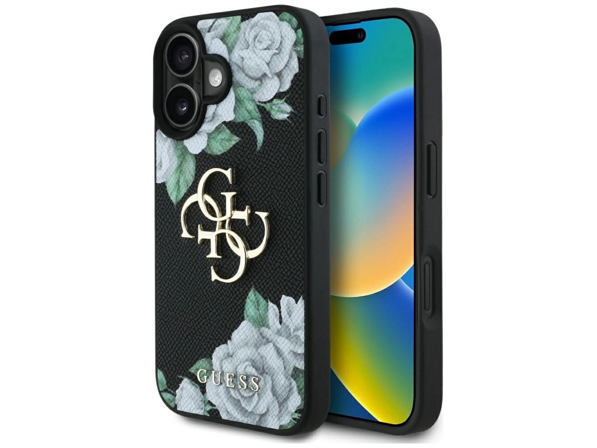 Capa Guess Grained Roses com logo Big 4G para iPhone 16 - preta