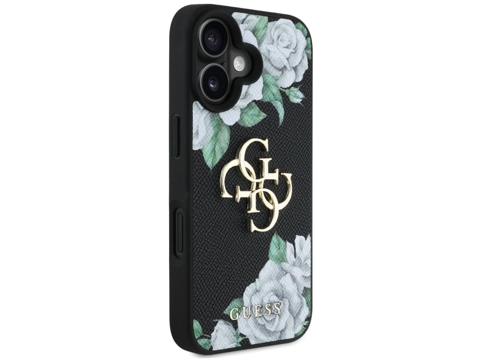 Capa Guess Grained Roses com logo Big 4G para iPhone 16 - preta