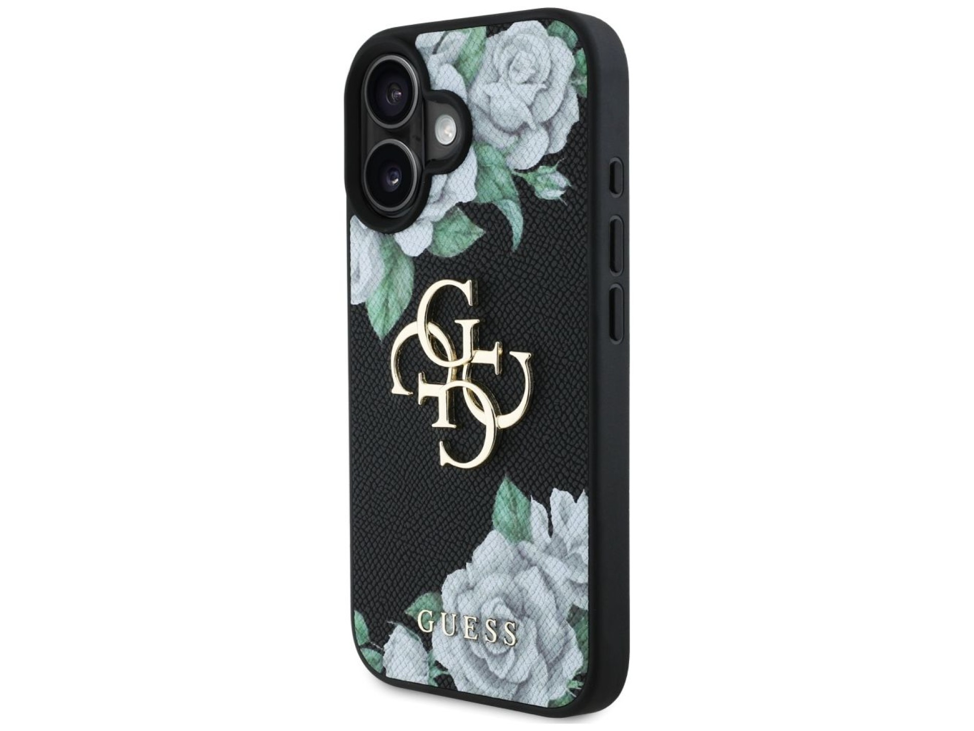 Capa Guess Grained Roses com logo Big 4G para iPhone 16 - preta