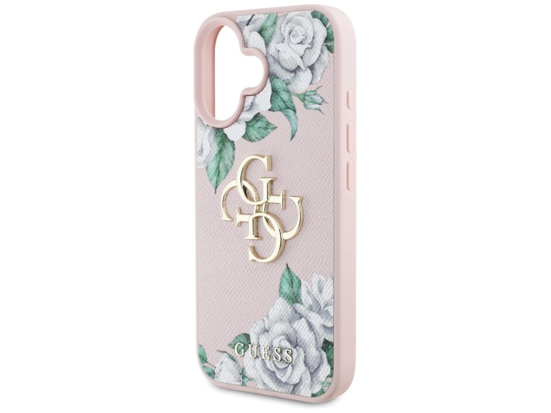 Capa para iPhone 16 Guess Grained Roses com logo 4G grande - rosa