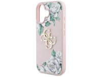 Capa para iPhone 16 Guess Grained Roses com logo 4G grande - rosa