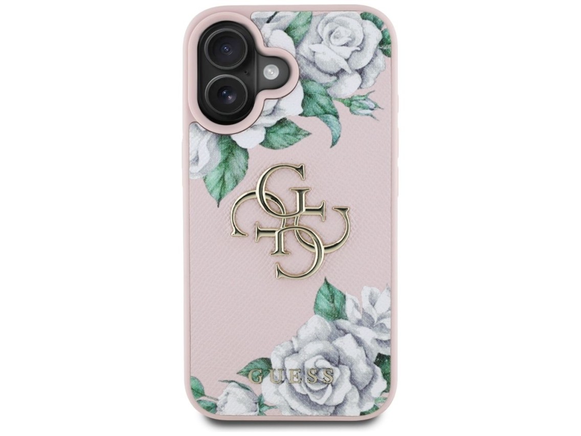 Capa para iPhone 16 Guess Grained Roses com logo 4G grande - rosa