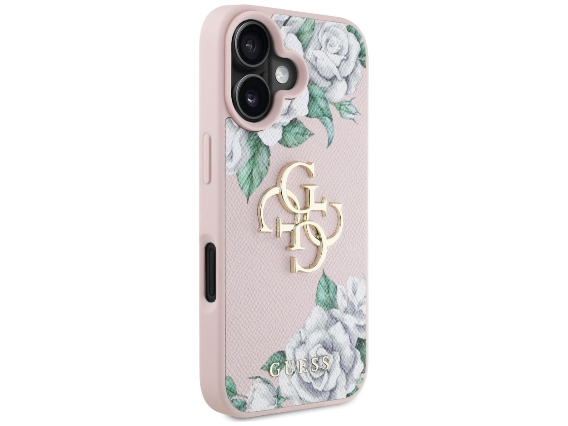 Capa para iPhone 16 Guess Grained Roses com logo 4G grande - rosa
