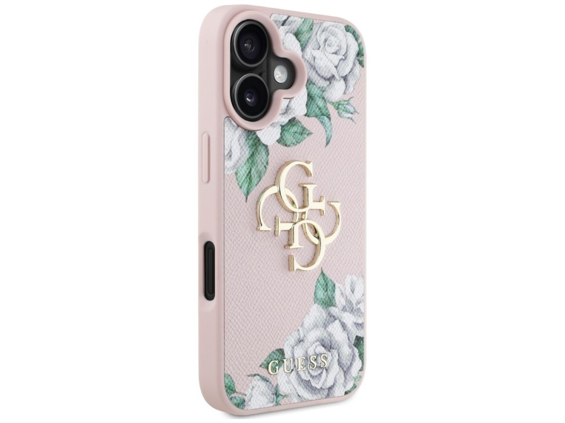 Capa para iPhone 16 Guess Grained Roses com logo 4G grande - rosa