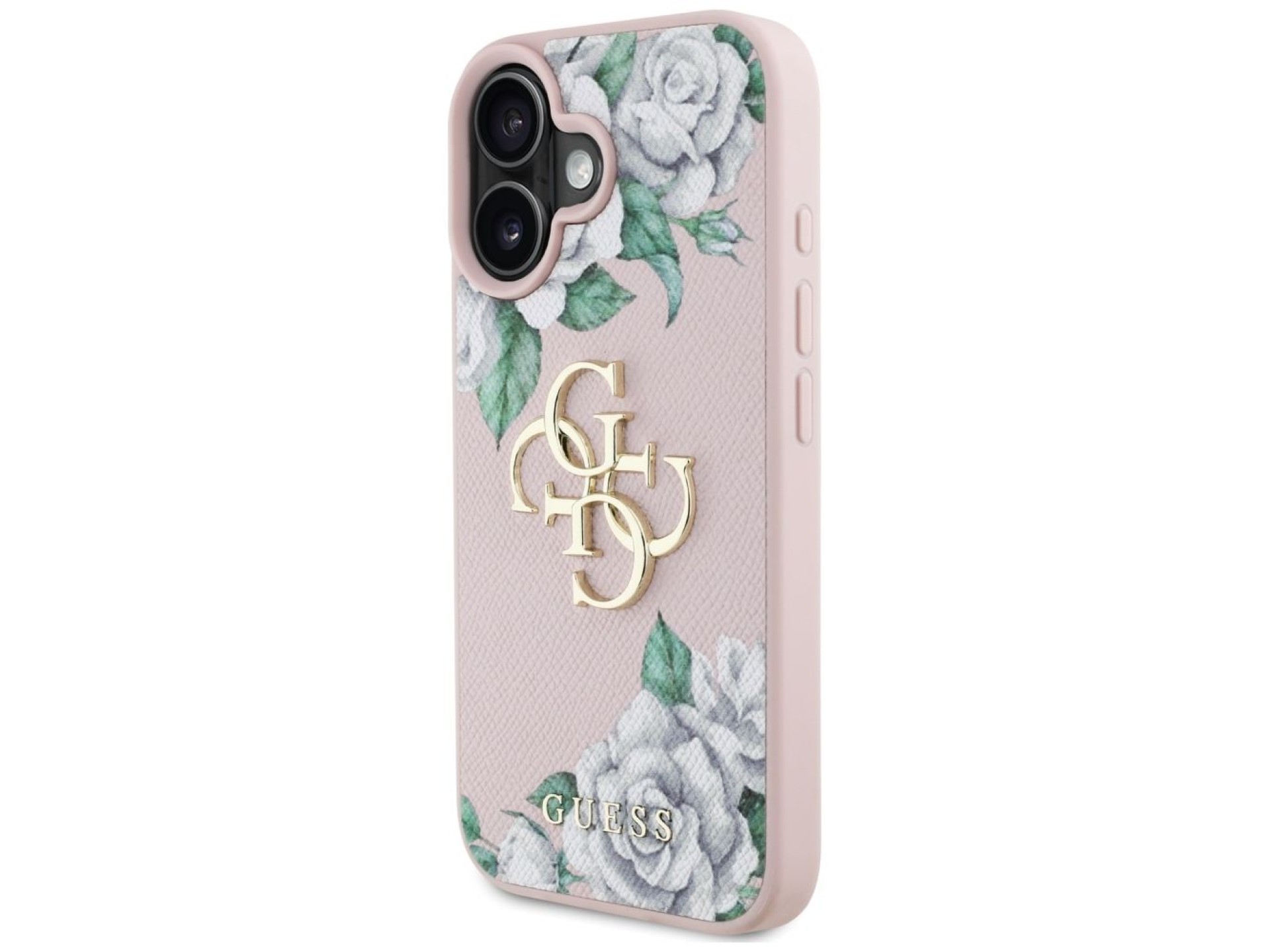 Capa para iPhone 16 Guess Grained Roses com logo 4G grande - rosa