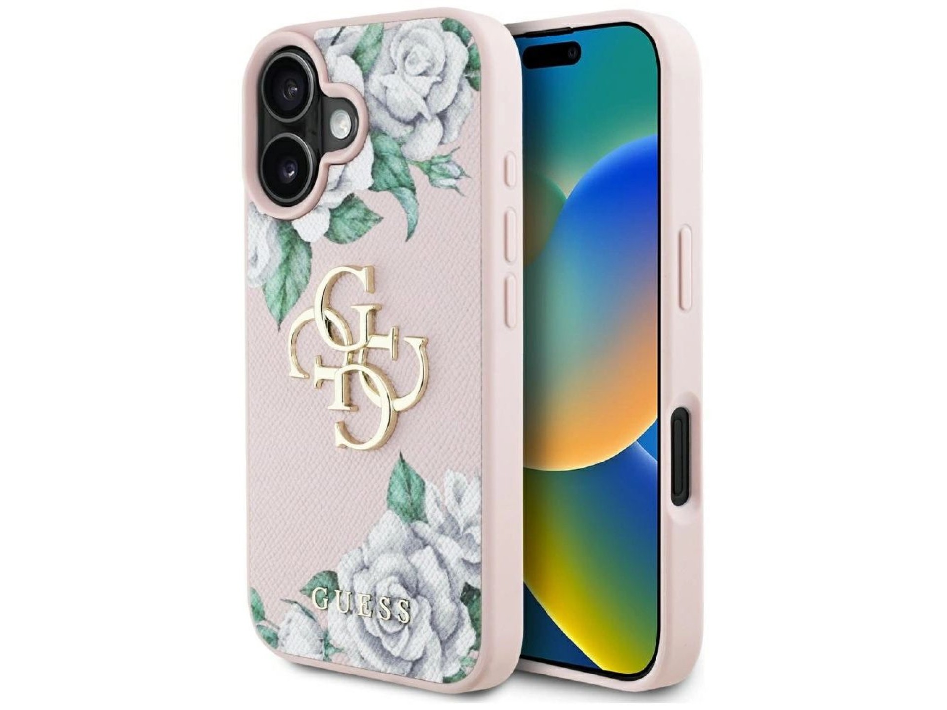 Capa para iPhone 16 Guess Grained Roses com logo 4G grande - rosa