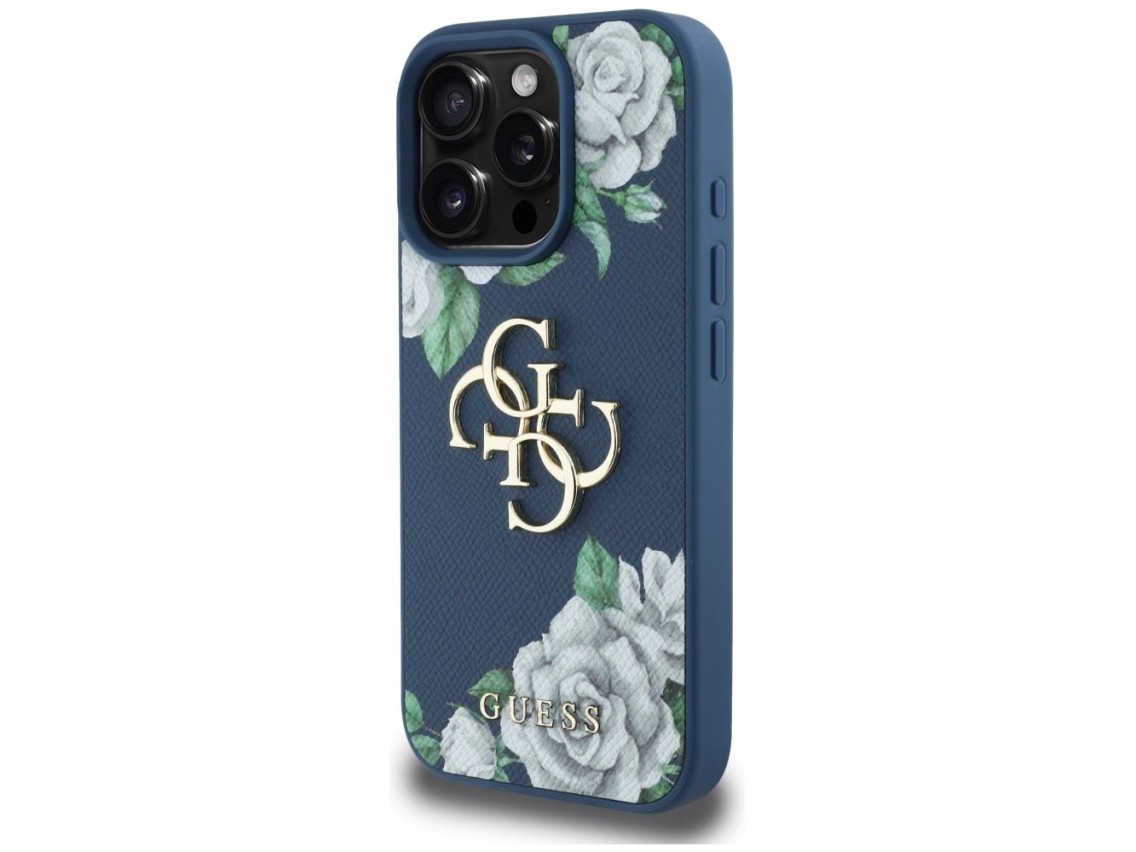 Capa Guess Grained Roses com logo Big 4G para iPhone 16 Pro - azul