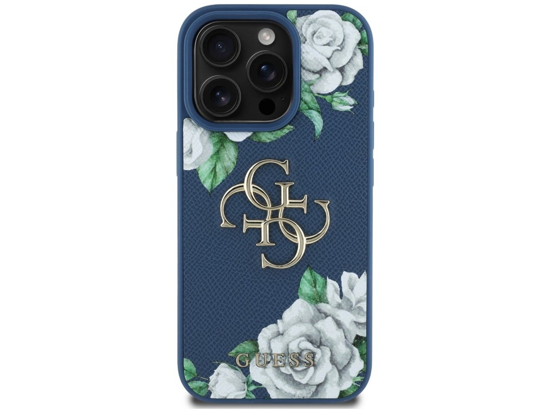 Capa Guess Grained Roses com logo Big 4G para iPhone 16 Pro - azul