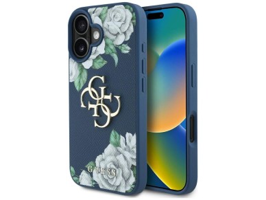 Guess Grained Roses Big 4G logo case for iPhone 16 - blue Guess Grained Roses Big 4G logo case for iPhone 16 - blue