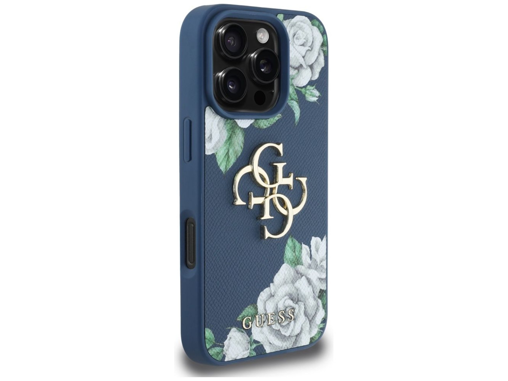 Capa Guess Grained Roses com logo Big 4G para iPhone 16 Pro - azul