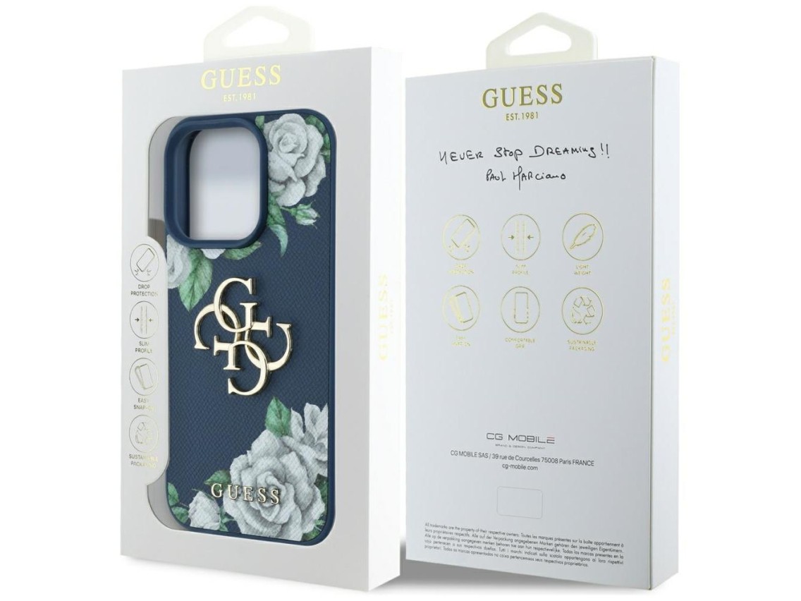 Capa Guess Grained Roses com logo Big 4G para iPhone 16 Pro - azul