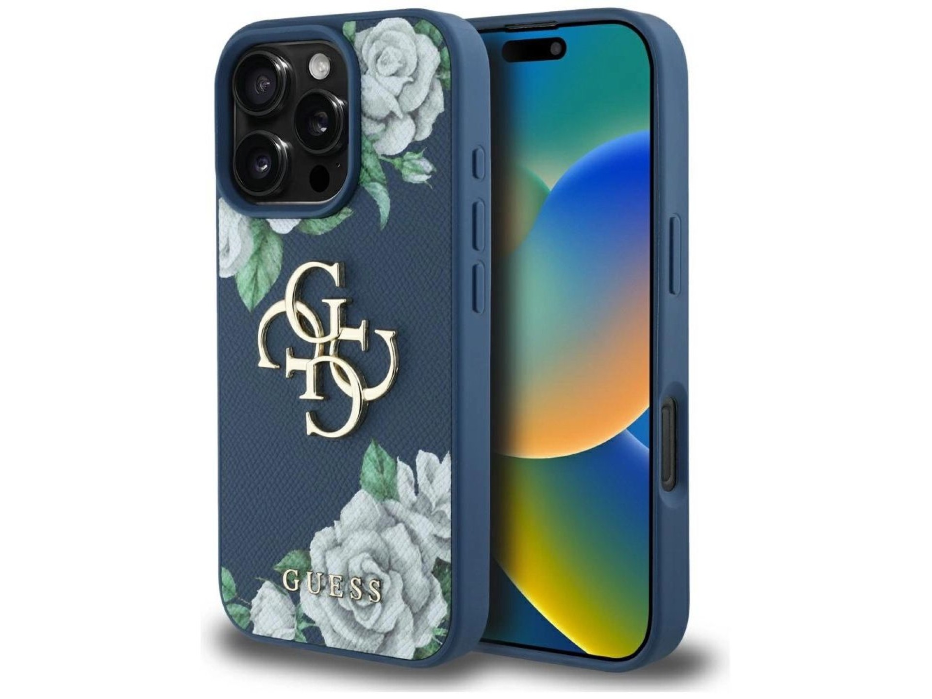 Guess Grained Roses Big 4G logo case for iPhone 16 Pro Max - blue