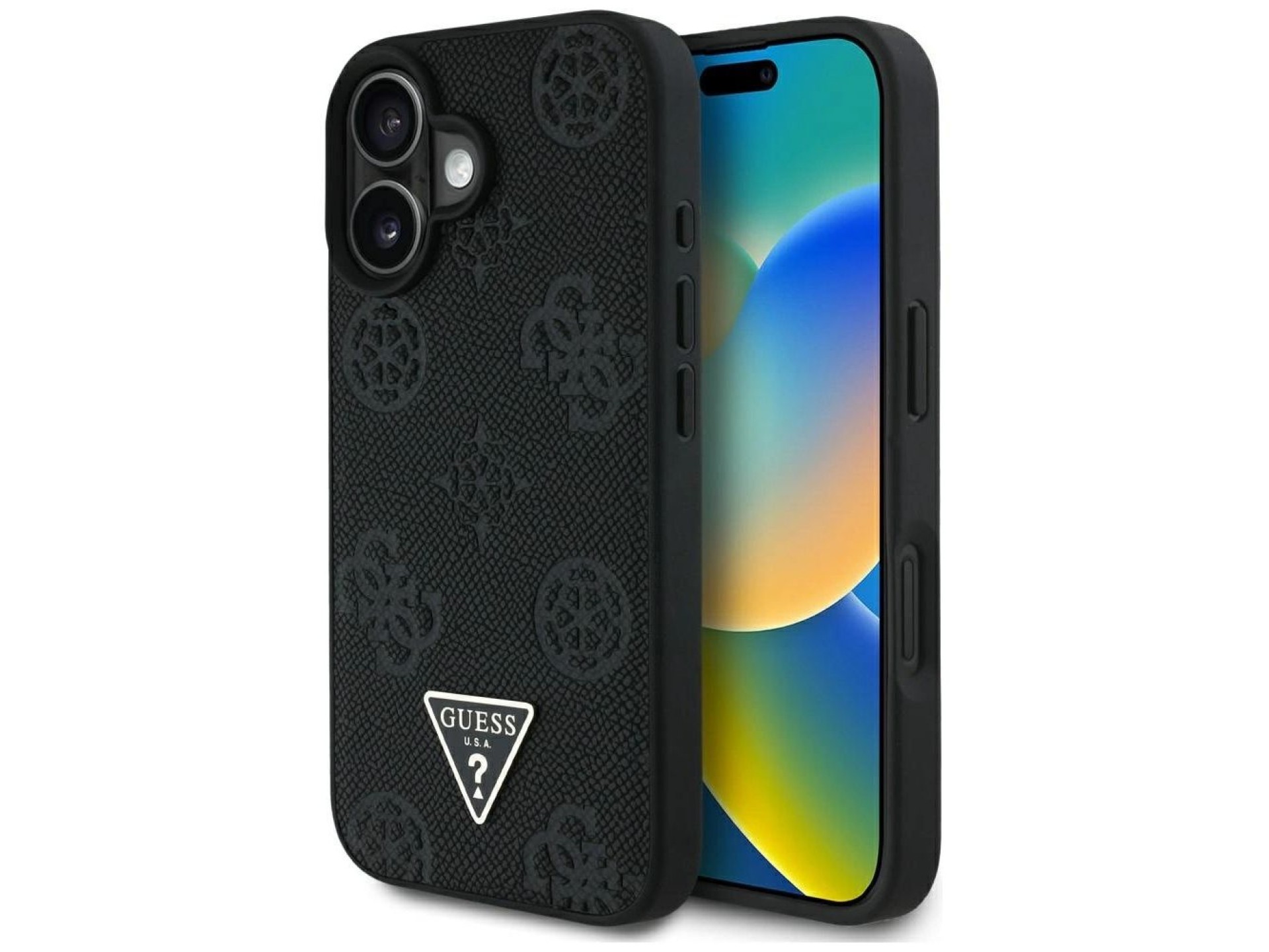 Guess Grained Hot Stamp Peony Triangle Logo MagSafe Case for iPhone 16 - Black