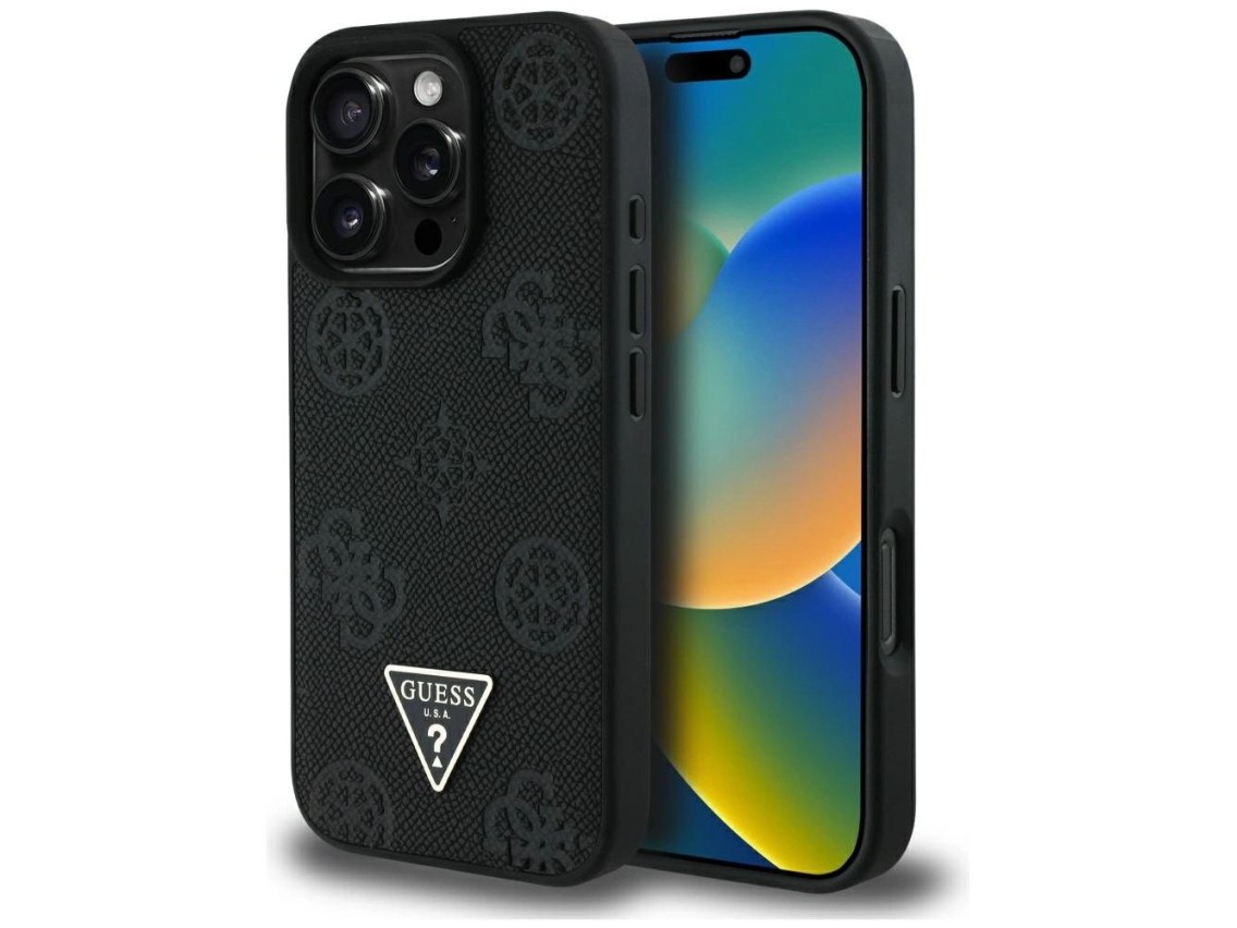 Guess Grained Hot Stamp Peony Triangle Logo MagSafe Case for iPhone 16 Pro - Black