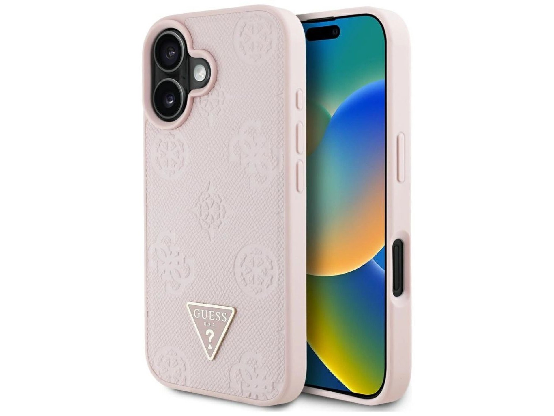 Capa MagSafe para iPhone 16 com estampa texturizada de peônias e triângulos - Rosa