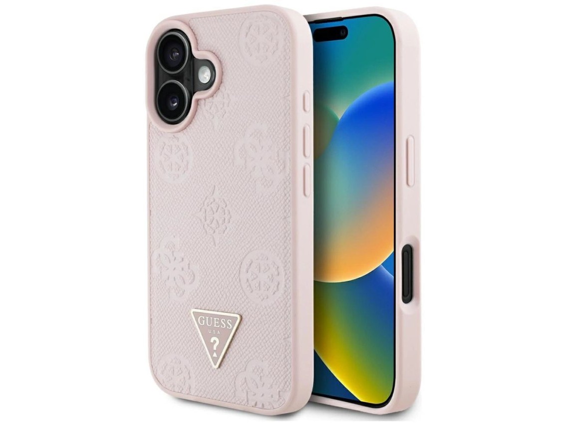 Capa MagSafe para iPhone 16 com estampa texturizada de peônias e triângulos - Rosa