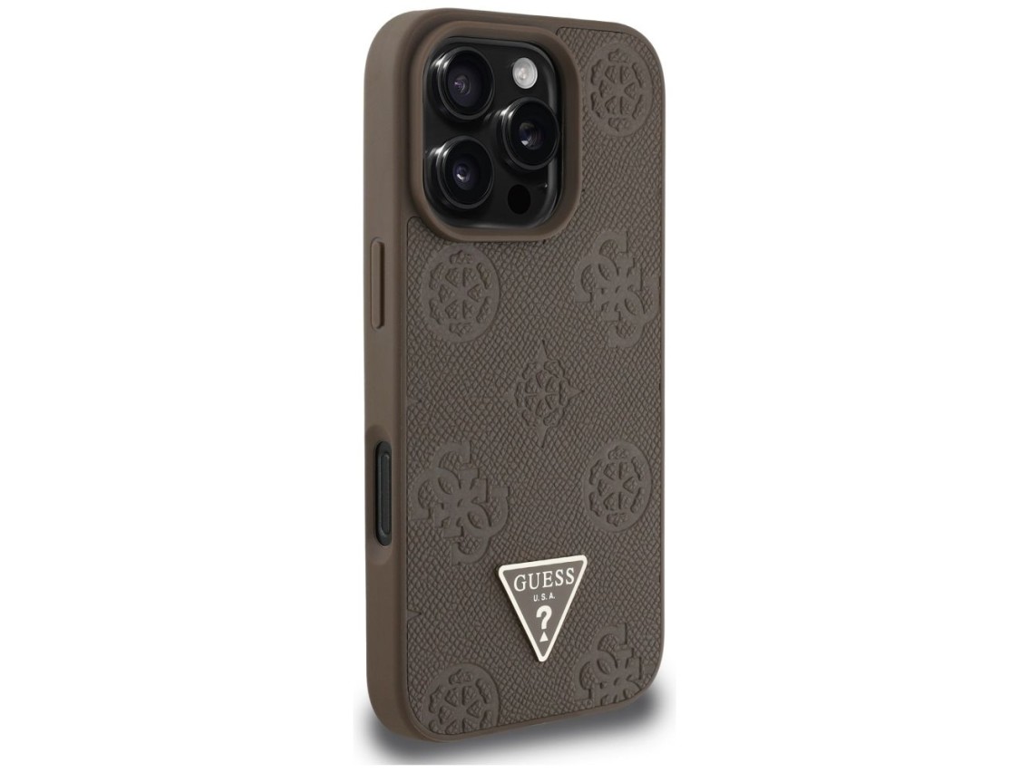 Capa MagSafe para iPhone 16 Pro com estampa texturizada de peônias e triângulos - Marrom