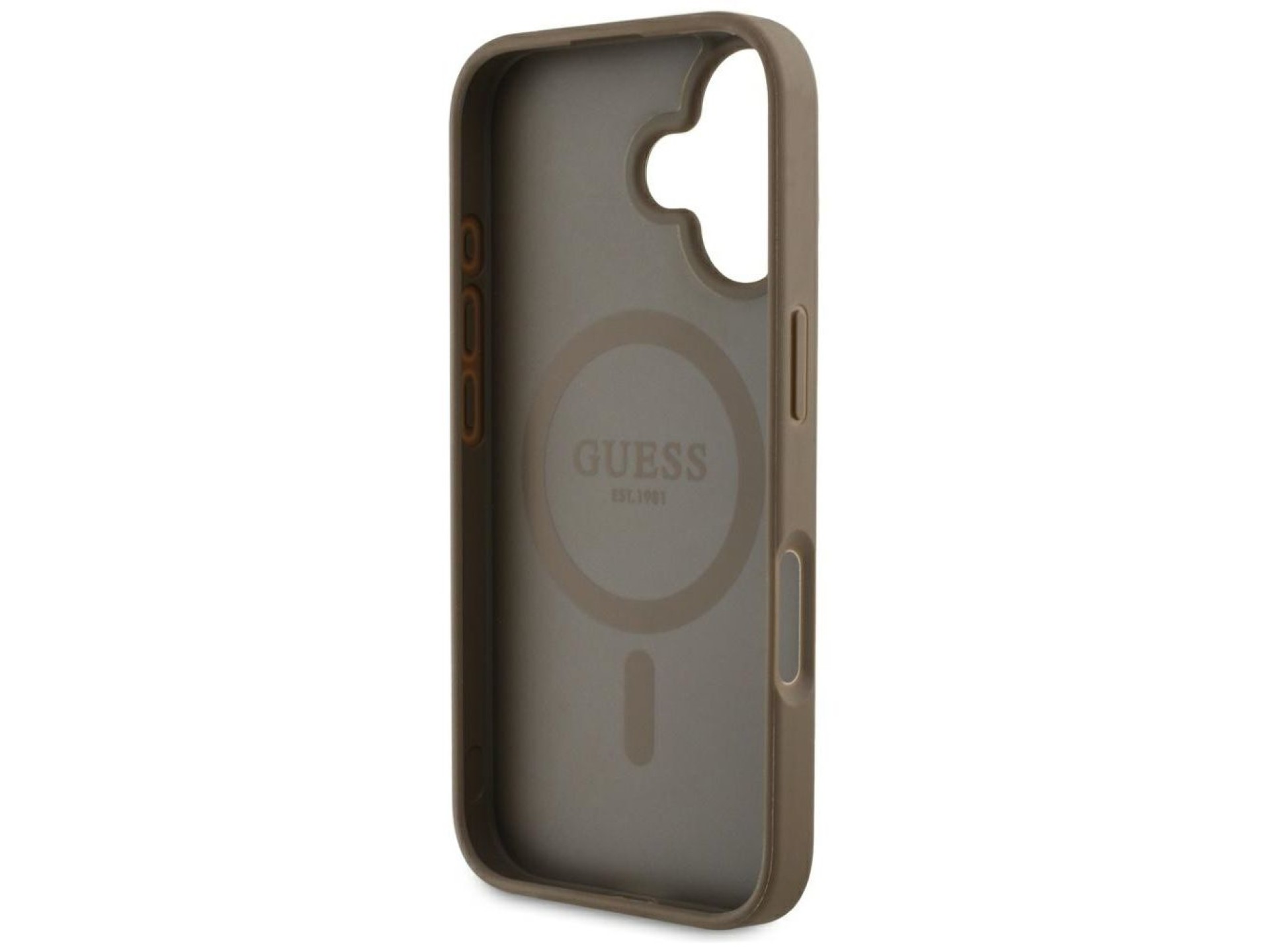 Capa MagSafe para iPhone 16 com estampa texturizada de peônias e triângulos - Marrom
