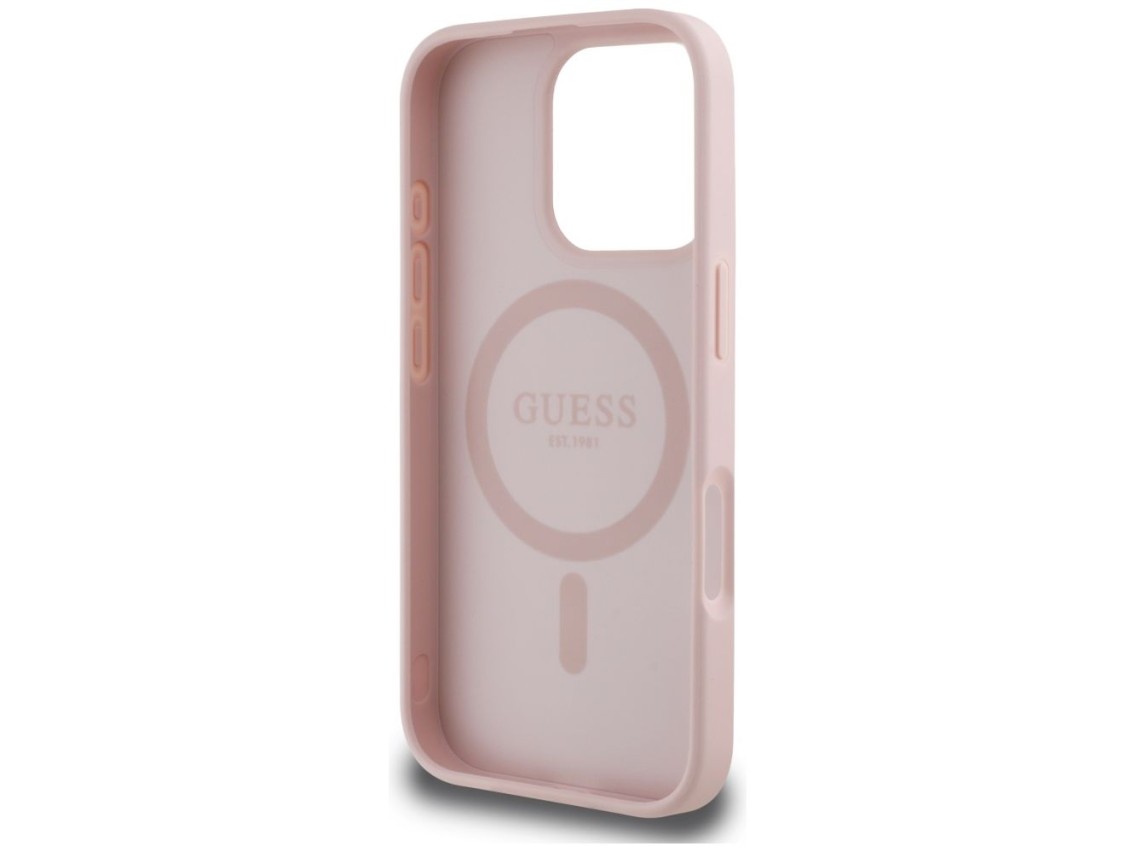Funda Guess MagSafe para iPhone 16 Pro con logo de peonía y estampado en caliente - Rosa