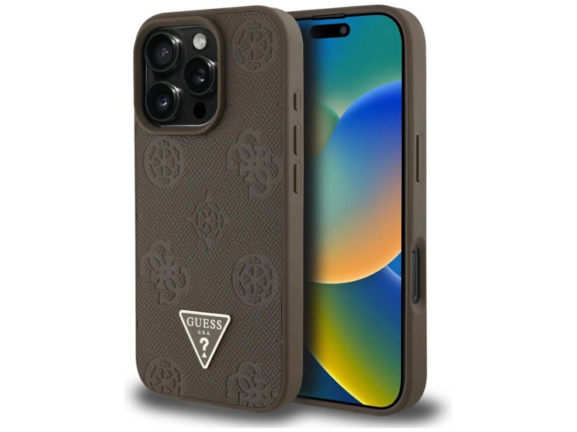 Capa MagSafe para iPhone 16 Pro com estampa texturizada de peônias e triângulos - Marrom