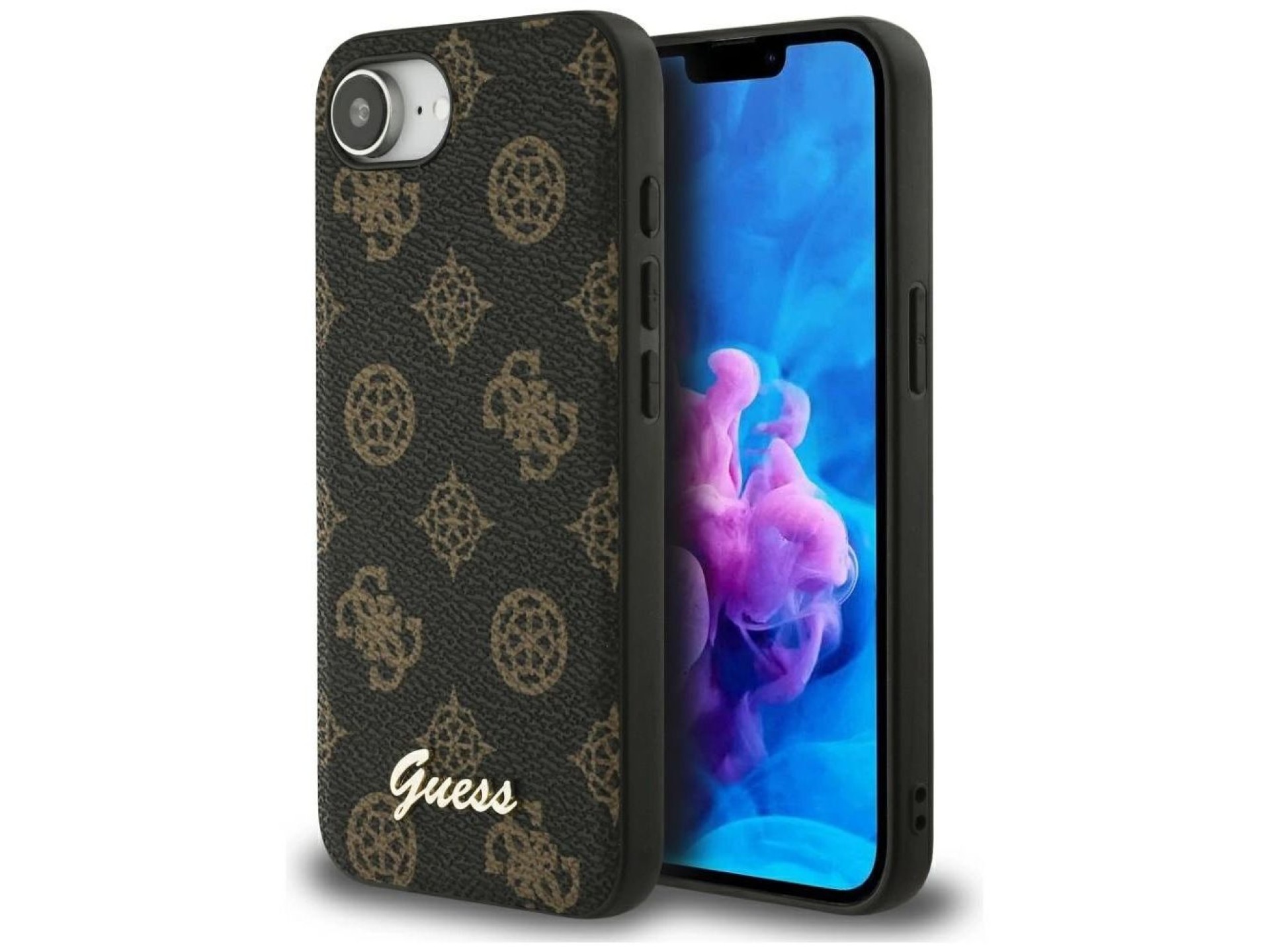 Capa MagSafe para iPhone 16e com logo Guess Peony Script, preta
