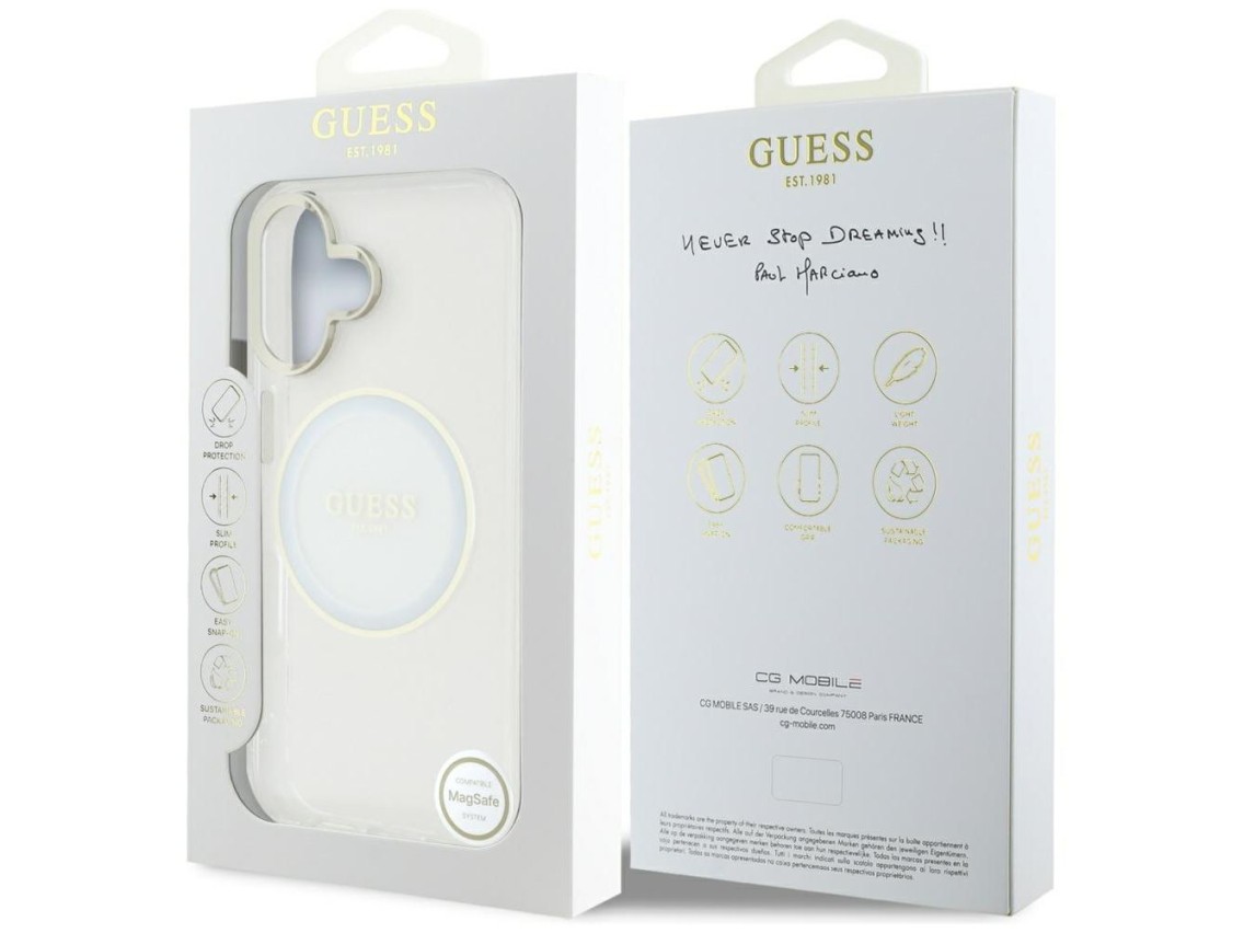 Guess IML Metal Colored Circle Classic Logo MagSafe case for iPhone 16 - white