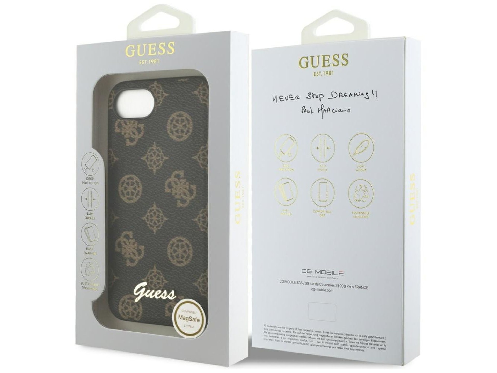 Capa MagSafe para iPhone 16e com logo Guess Peony Script, preta