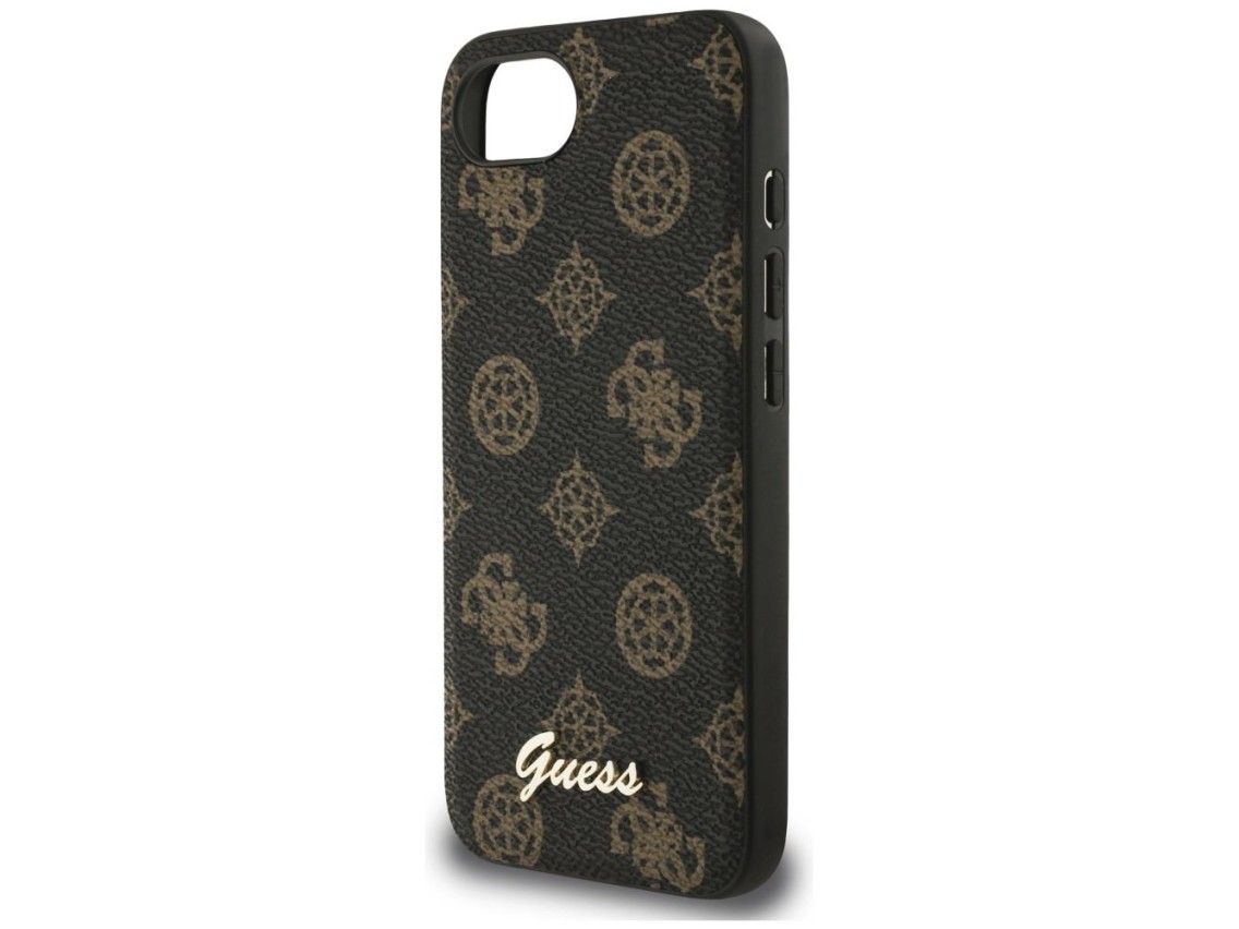Capa MagSafe para iPhone 16e com logo Guess Peony Script, preta
