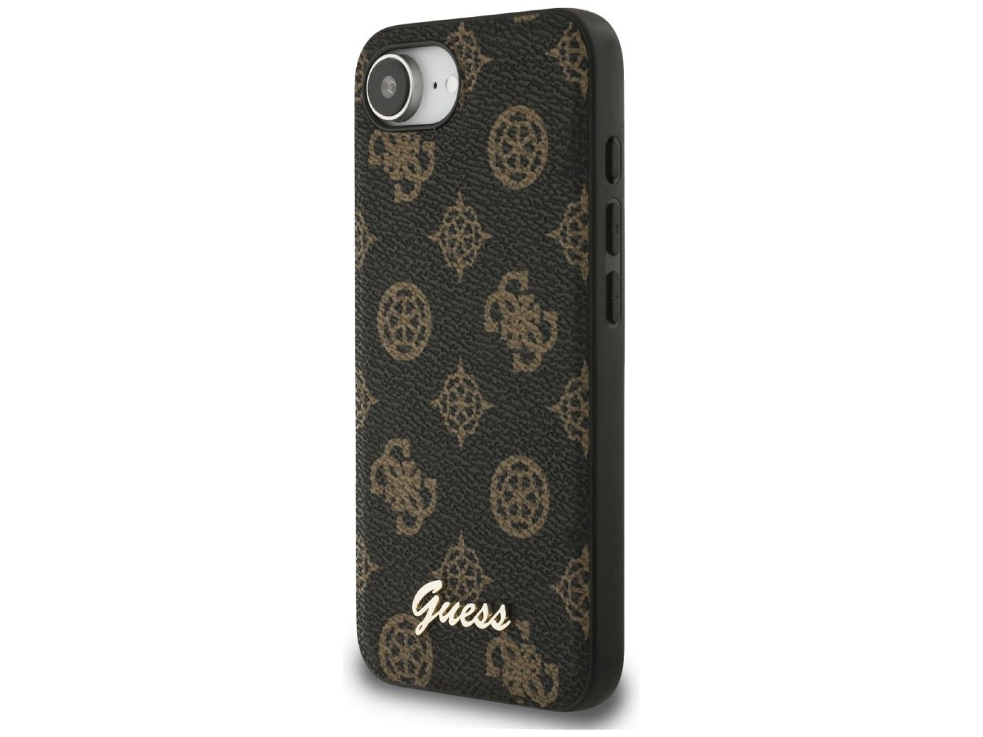 Capa MagSafe para iPhone 16e com logo Guess Peony Script, preta