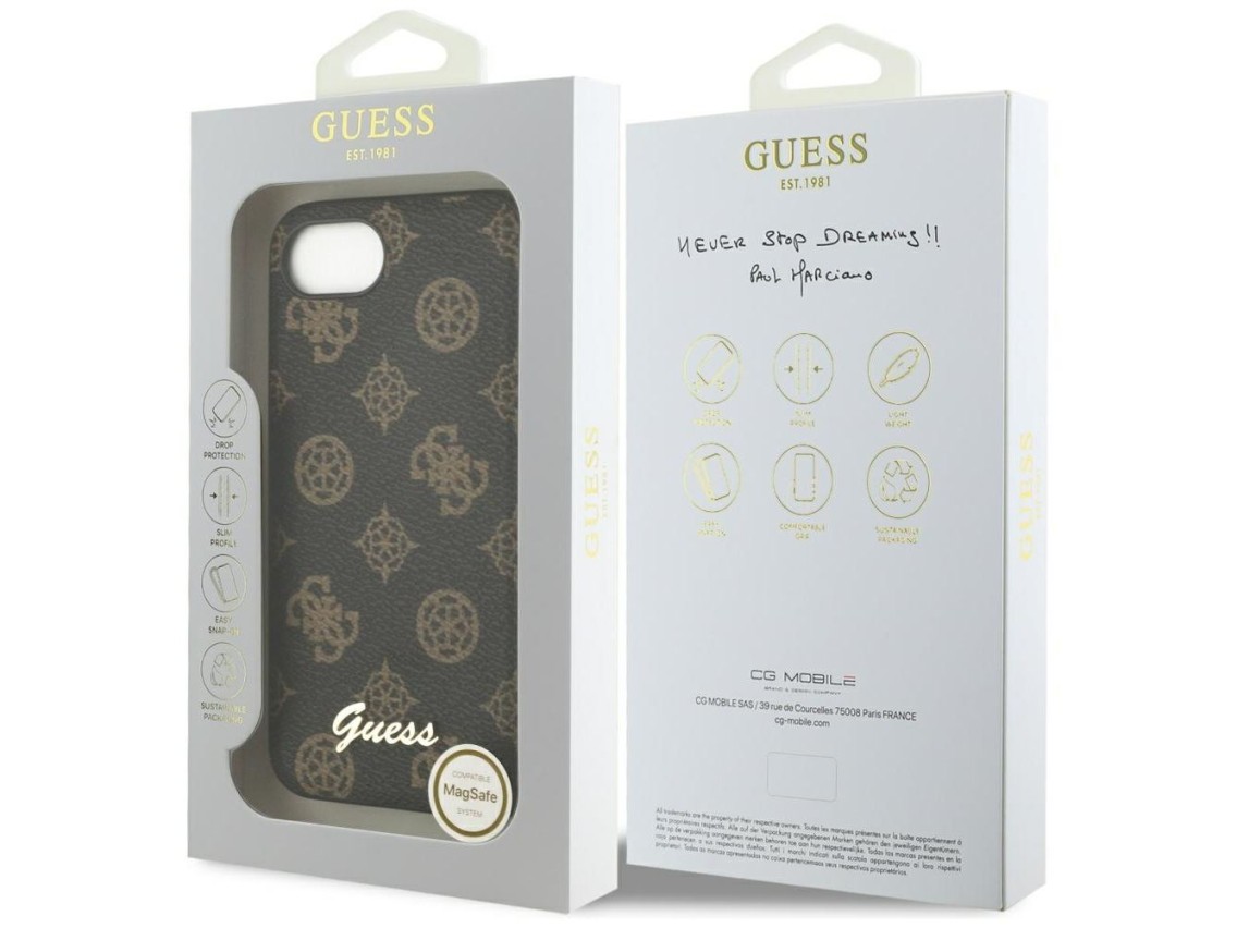 Capa MagSafe para iPhone 16e com logo Guess Peony Script, preta