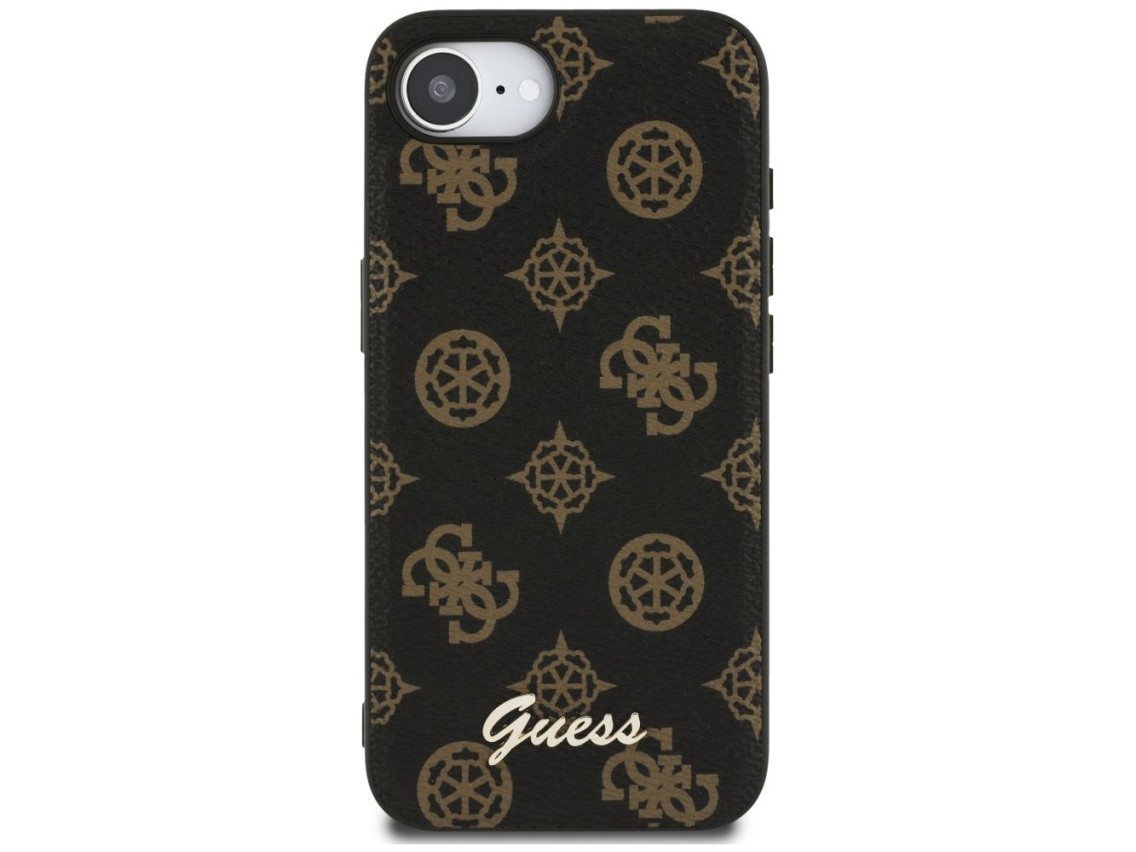 Capa MagSafe para iPhone 16e com logo Guess Peony Script, preta