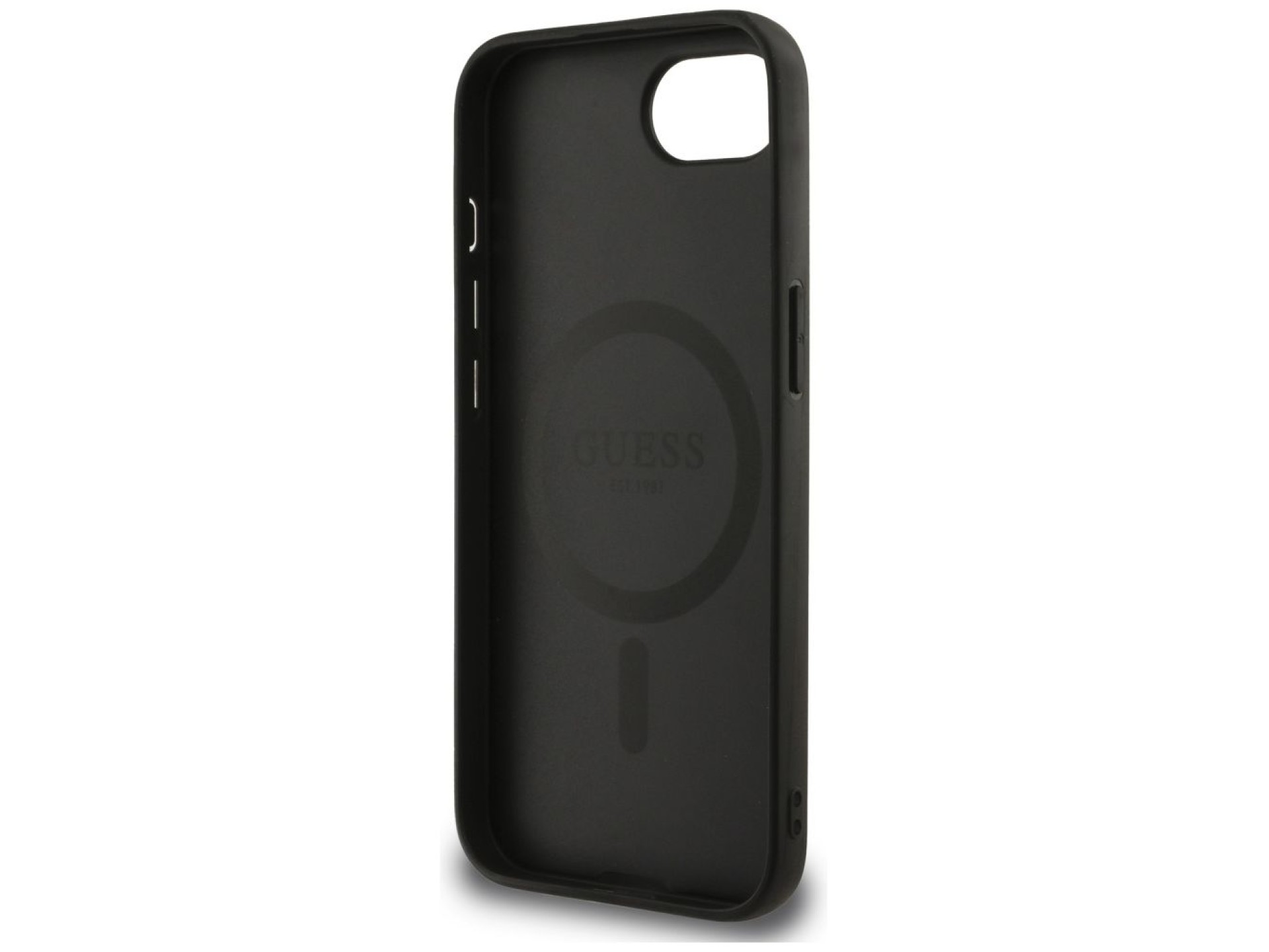 Capa MagSafe para iPhone 16e com logo Guess Peony Script, preta