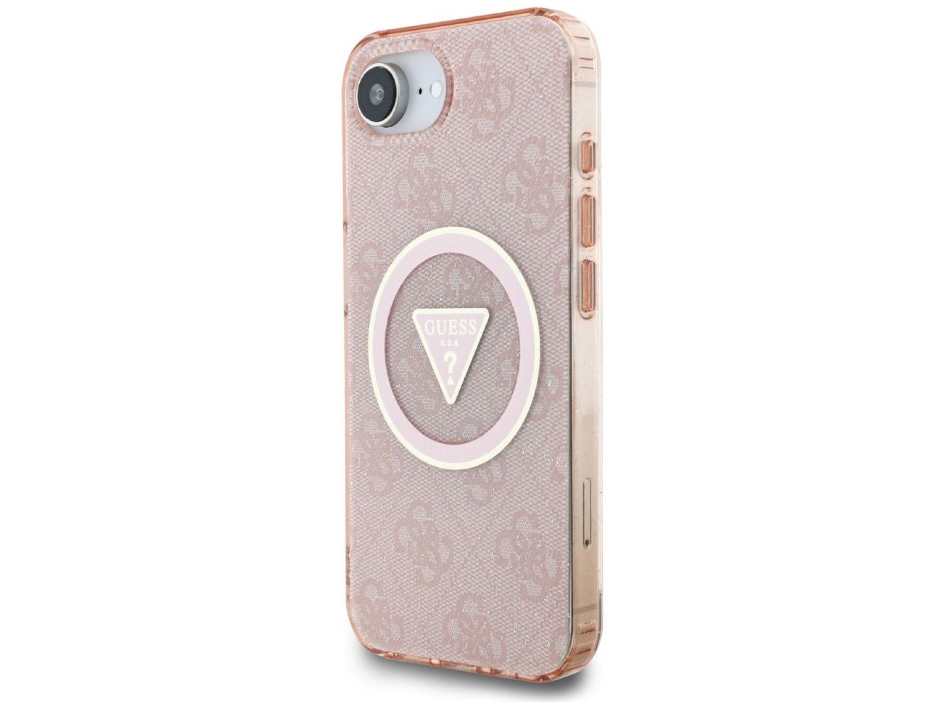 Funda Guess IML Metal Glitter 4G Circle Triangle MagSafe para iPhone 16e - rosa