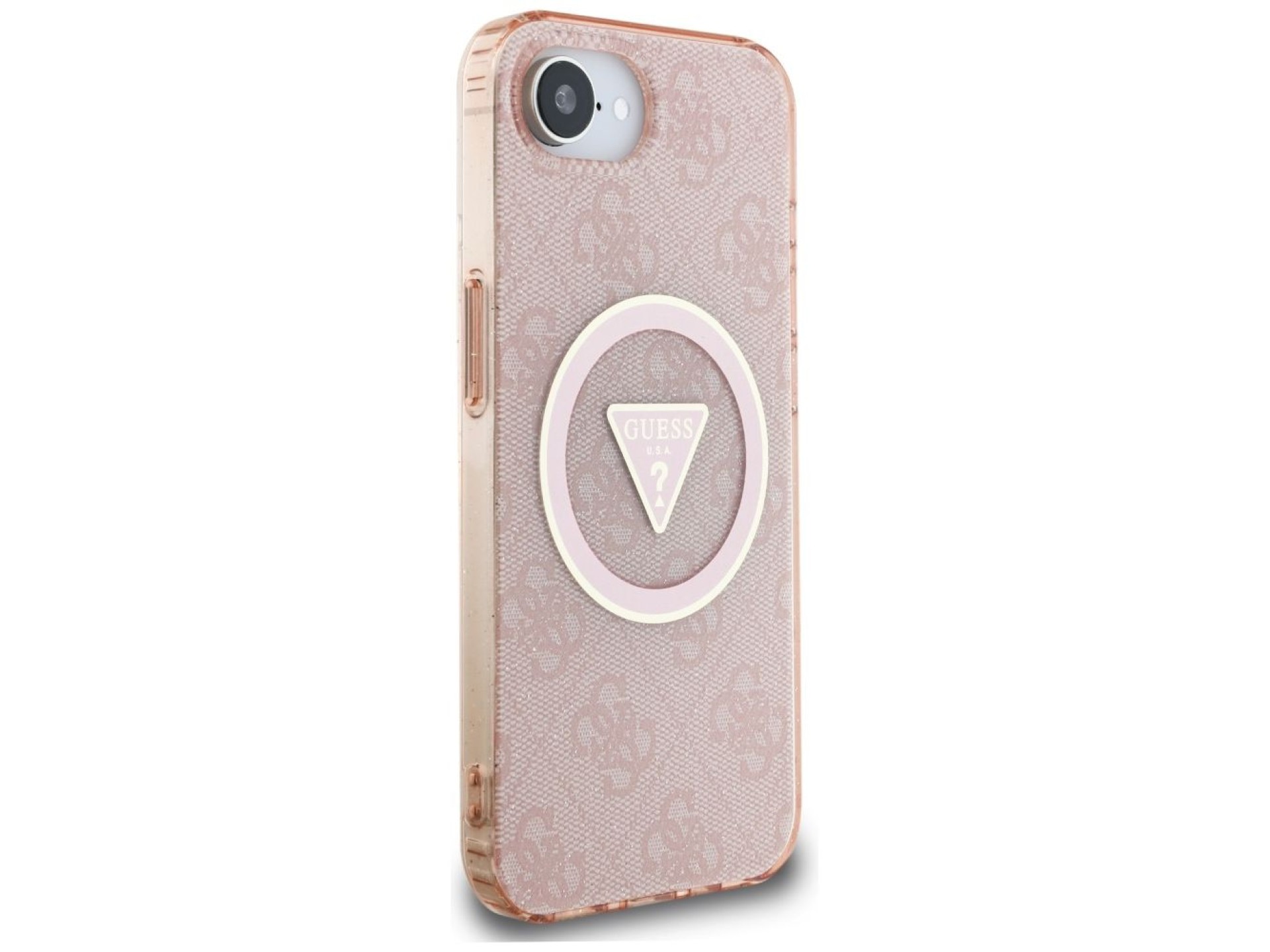 Funda Guess IML Metal Glitter 4G Circle Triangle MagSafe para iPhone 16e - rosa