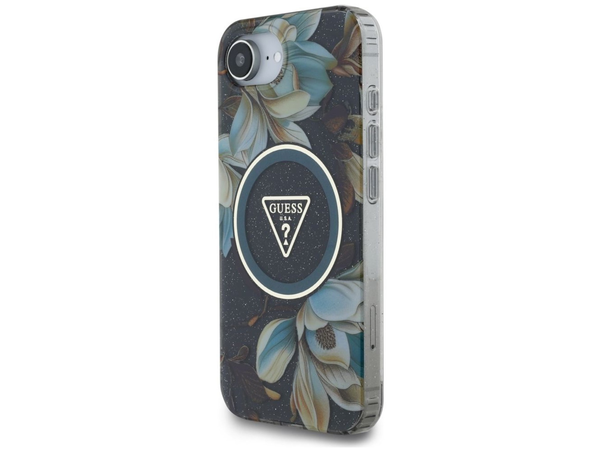 Guess IML Metal Glitter Flowers Triangle MagSafe case for iPhone 16e - black
