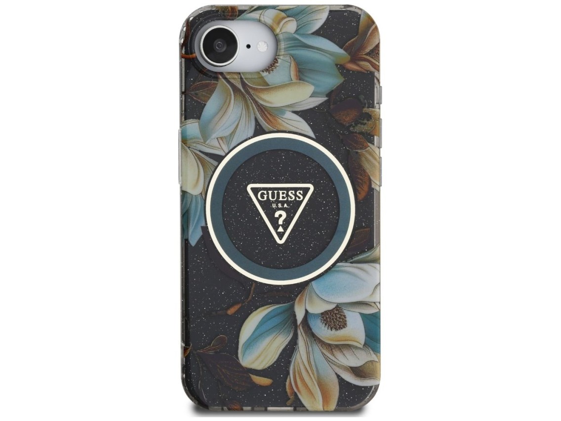 Guess IML Metal Glitter Flowers Triangle MagSafe case for iPhone 16e - black