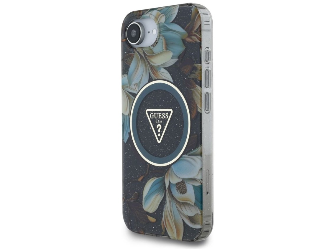 Guess IML Metal Glitter Flowers Triangle MagSafe case for iPhone 16e - black